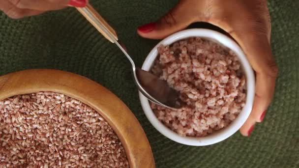 Tangan Memegang Sendok Penuh Dengan Nasi Yang Dimasak Dan Organik — Stok Video