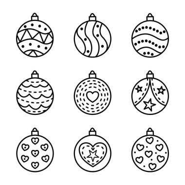 Doodle set of Christmas tree balls with patterns. Festive New Year decorations collection in minimalist sketch style.