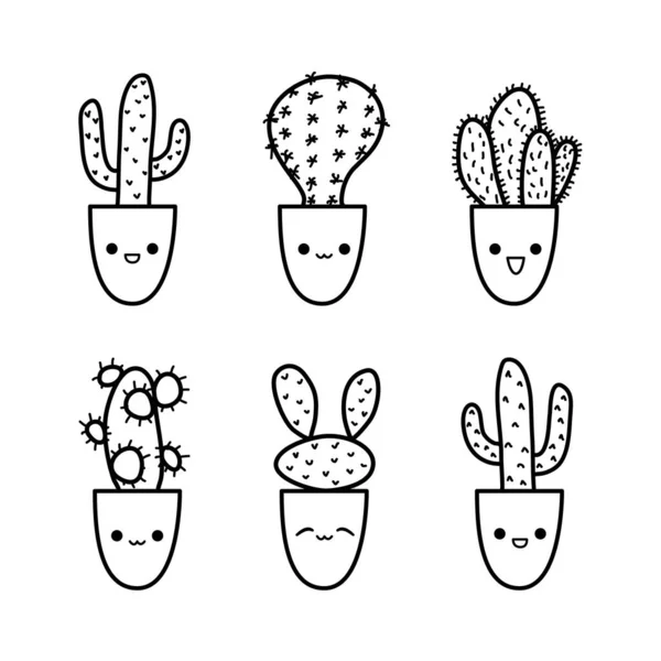 Cute cactus doodle set in sketch style. Cacti characters variety with kawaii emotions — Stok Vektör