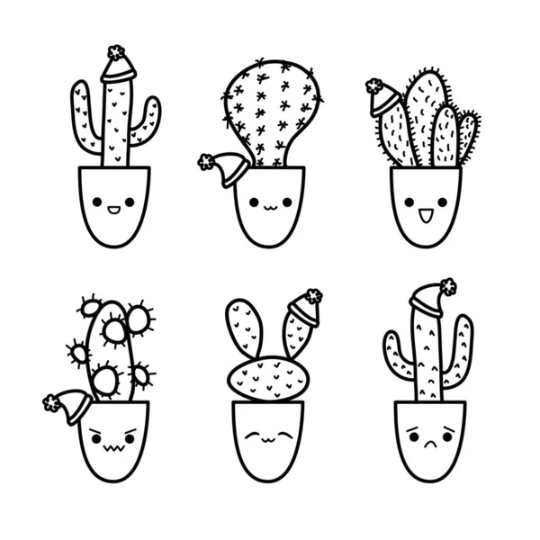 Cute Christmas cactus doodle set in sketch style. Cacti characters variety with kawaii emotions for New Year celebration — Stok Vektör