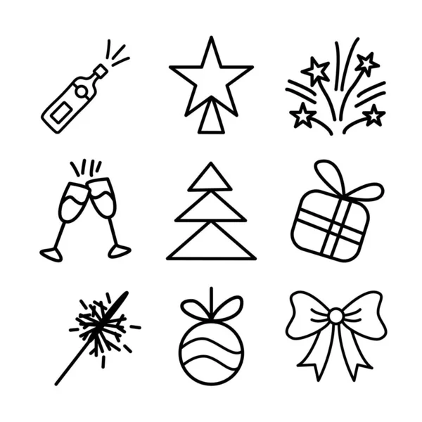 Doodle set of fun Christmas elements in outline stroke. New Year doodles icon collection — Vector de stock