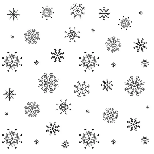 Set of snowflakes shapes, snow texture in black and white seamless pattern. Cute snowfall background — Foto Stock