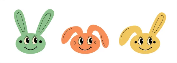 Set of 3 cute easter bunnies smiling for kids party. Happy rabbit head isolated for poster or invitation. Long ears up — Stock vektor