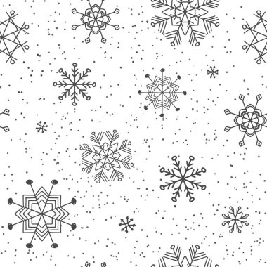 Snowflakes texture in black and white seamless pattern. Cute snowfall background. Snowflake variety