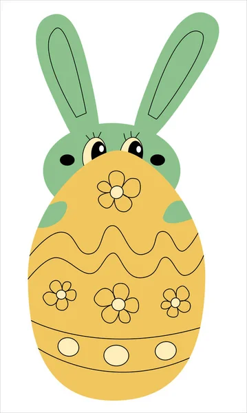 Söt påsk kanin gömmer sig bakom utsmyckade ägg. Rolig kanin påsk fest element för affisch, kort, inbjudan — Stock vektor