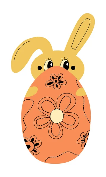 Coelho de Páscoa bonito escondido atrás de ovo ornamentado. Elemento engraçado de celebração de Páscoa de coelho para cartaz, cartão, convite —  Vetores de Stock