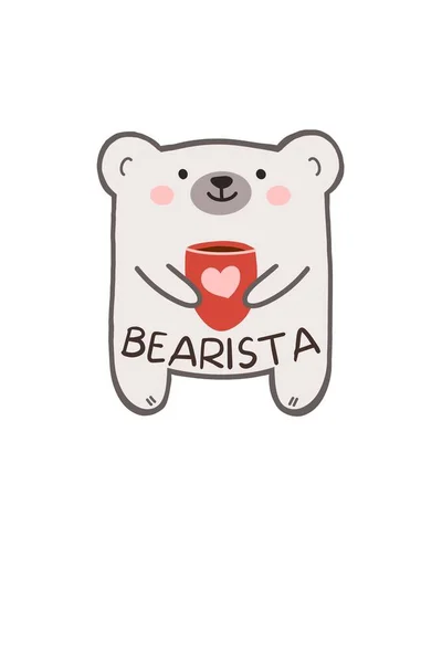 Adhesivo bearista lindo con oso polar y taza de café para la celebración del día barista. Regalo entusiasta del café para cafetería —  Fotos de Stock