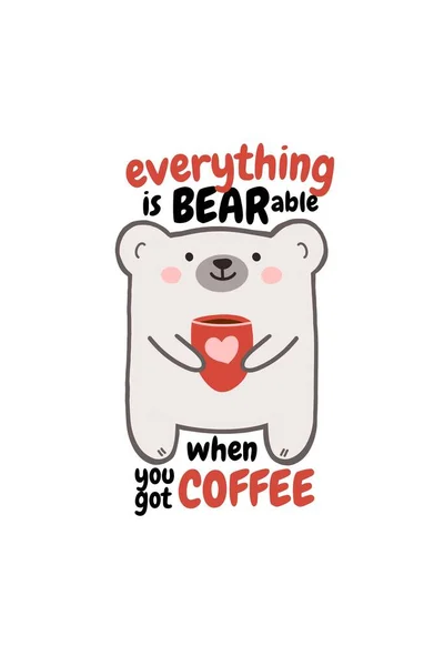 一切都可以忍受当你有咖啡。可爱的咖啡爱好者贴纸，北极熊抱着充满爱心的咖啡杯 — 图库照片#