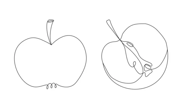 Silhouette Apple in linea art style. Intere e tagliate a metà mela a contorno. Frutto disegnato a linea continua vettore minimalista — Vettoriale Stock
