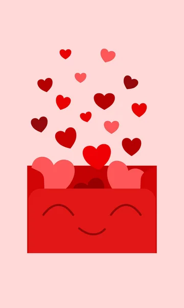 Χαριτωμένο ρομαντικό κόκκινο γράμμα με καρδιές που πετούν έξω από αυτό. Ευχετήρια κάρτα γεμάτη αγάπη για την ημέρα ή επέτειο του Αγίου Βαλεντίνου — Διανυσματικό Αρχείο