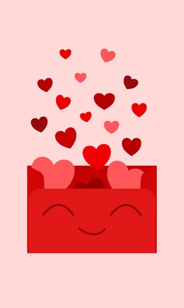 Carino romantica lettera rossa con i cuori che volano fuori di esso. Biglietto d'auguri pieno d'amore per San Valentino o anniversario — Vettoriale Stock