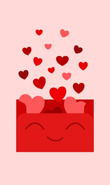 Linda carta roja romántica con corazones volando fuera de ella. Tarjeta de felicitación llena de amor por San Valentín o aniversario — Vector de stock