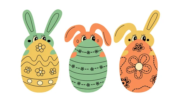 Set di 3 uova di Pasqua con ornamenti e coniglietti nascosti. Primavera umore colorato pasqua elementi a tema per la caccia alle uova — Vettoriale Stock