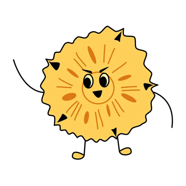 Personagem de abacaxi divertido no estilo dos desenhos animados para crianças. Mascote de frutas suculento doce com rosto bonito para suco de vitamina de verão —  Vetores de Stock