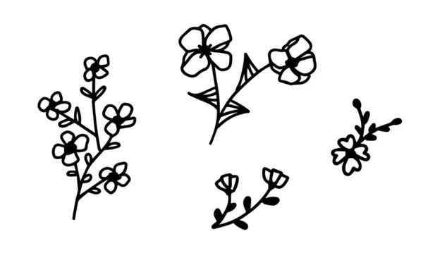 Fekete virágos firkálmány. Virágok változatos, kézzel rajzolt bélés. Tavaszi témájú vázlatelemek — Stock Vector
