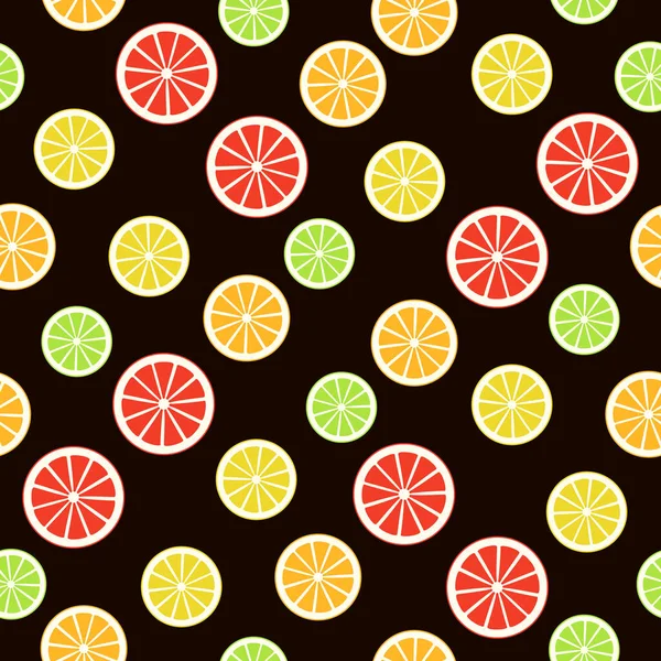 Variedad cítrica patrón sin costura. Textura brillante fondo de pantalla con naranja, limón, lima, pomelo. Fondo jugoso dulce — Archivo Imágenes Vectoriales