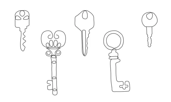 5 tane bir satırlık anahtar çizimi. Gayrimenkul için antika eski anahtarların aralıksız çizgisi. İzole edilmiş antika otel odası anahtarı. — Stok Vektör