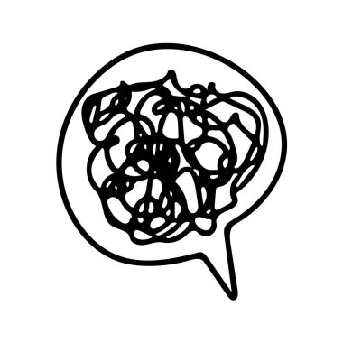 Karışık düşünceler kabarcık çizgisi resim simgesi. Terapiden önce depresyondaydı, beyin her şeyi çok düşünüyordu.