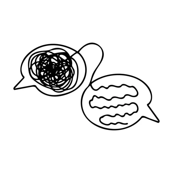 Confused messed up thoughts bubble line art icon. Depressed mental state before therapy, healing with therapist help — Stock Vector