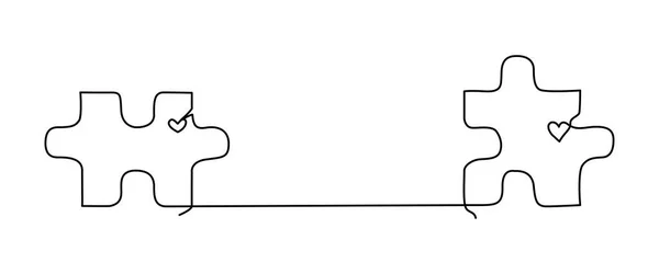 Two jigsaw puzzle pieces connected with one line and a heart. Continuous line drawing for relationship concept or dating — Vettoriale Stock