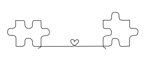 Two jigsaw puzzle pieces connected with one line and a heart. Continuous line drawing for relationship concept or dating — Vettoriale Stock