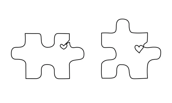 Set of two jigsaw puzzle pieces with little hearts in one line style for marriage therapy website or invitation design - Stok Vektor