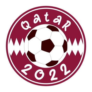 Katar 2022 'de dünya futbol şampiyonası. Katar bayrağı renginde futbol topu çember etiketi. Kestane rengi dünya kupası logosu sembolü. Kasım ayında erkekler futbol karşılaşması için vektör illüstrasyonu
