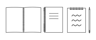 Minimalist defter simgeleri ve kalem seti. Okula geri dönüp yazım malzemeleri yazarım. Günlük tutmak için sabit unsurlar, kurşun günlük. Boş not defteri vektör çizimi, açık, kapalı, yan ve üst spiral