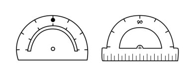 Açı ölçümü için iki açıölçer simgesi seti. Okul vektör araçlarına dönelim. Minimalist çizim aksesuarları sanat eseri. Üniversite sınıfı için matematik konsepti çizimi. Geometri öğretmek