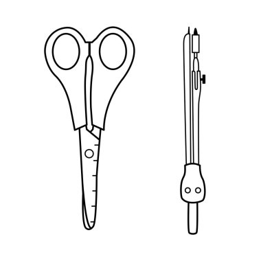 Vektör makas ve daire pusula. Okul malzemeleri seti. Minimalist ofis aletleri serisi. El çizimi durağan. Okul illüstrasyonuna, kolej aksesuarlarına, dikiş ya da kağıt becerileri konseptine dönüş