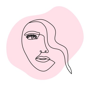 Soyut, güzel bir kadının yüzü sanat eserlerinde. Makyaj ya da spa konsepti için sürekli kadın silueti. Oldukça estetik vektör çizimi. Güzellik endüstrisi için bir satır kız taslağı