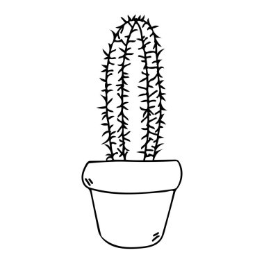 Esrar vektör taslak ikonu içinde kaktüs. Şirin siyah sulu taslak çizimi. Çiçek saksısı sanatında Meksika ev bitkisi. Keskin dikenleri olan bir saksıda basit bir kaktüs. Doğal eğlence ev dekorasyonu elementi.