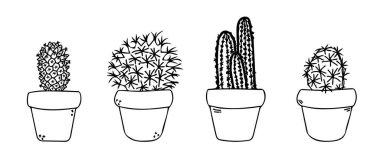 Kaktüs, saksı vektör çizim simgelerine yerleştirildi. Şirin siyah sulandırıcı tasvir çizimi. Meksika ev kaktüsü saksı çizgisi. Keskin dikenli bir saksıda basit bir bitki. Doğal eğlence ev dekorasyonu elementi.