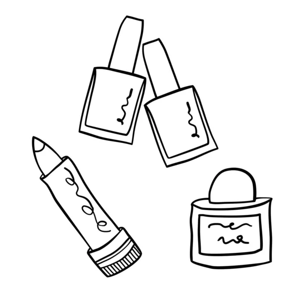 Set Cosmetic Items Minimalist Hand Drawn Outline Style Lipstick Nail — Stock Vector