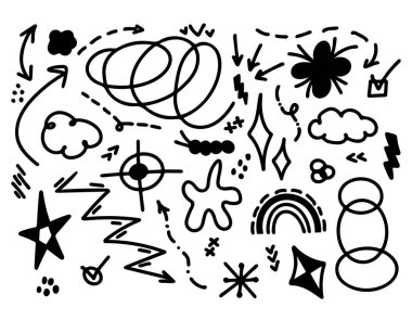 Eski okul havası için eğlenceli minimalist karalamalar. Y2k trend dolgu elemanları ayarlandı. Garip el çizimleri ve oklar çizilmiş. Modern tasarım için pozitif havalı titreşimli vektör illüstrasyonunu soyut şekillendirir