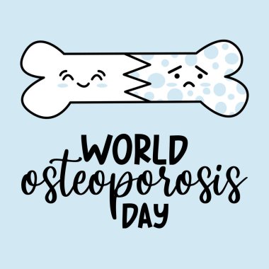 Dünya Osteoporoz Günü için Osteoporoz ortopedik sosyal medya afişi. Mutlu sağlıklı kemik, yüze karşı hüzünlü ve hasta. Romatolog kliniği için sevimli kawaii vektör çizimi