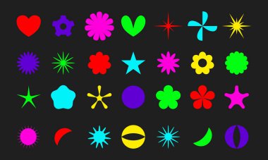 Psychedelic acid geometric minimalist graphic elements. Abstract simple shape icons set. Fun y2k vector flowers, sparkles, stars, hearts. bright illustration, magical decorative weird trippy set