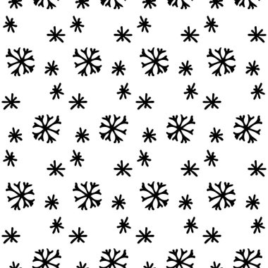 Sevimli minimalist el çizimi kar tanesi Noel şablonu. Kusursuz siyah kar dokusu. Eğlenceli kış çizgisi beyaz sanat arka planı. Sıcak mevsim için basit bir vektör çizimi. Karlı ambalaj kağıdı, dekor