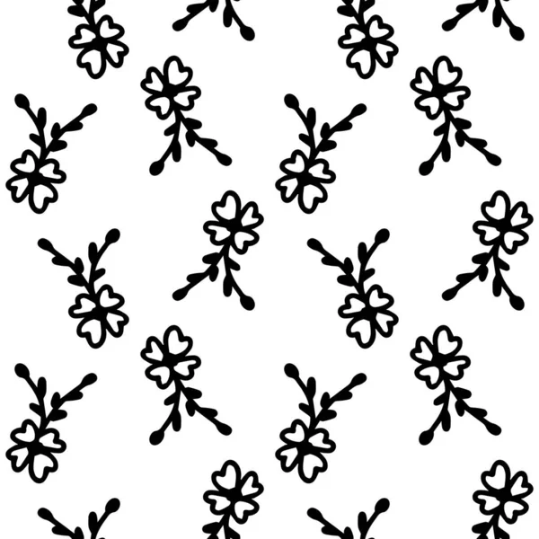 Flower Doodles Seamless Pattern Black Flowers White Background Hand Drawn — Stok Vektör