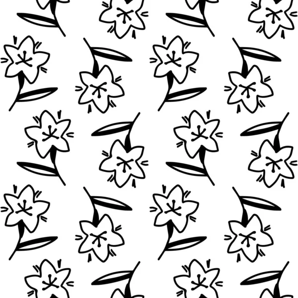 Flower Doodles Seamless Pattern Black Flowers White Background Hand Drawn — Stok Vektör