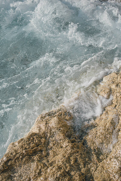 Seaside Landscape Crystal Blue Water Soft Waves Sea Foam Crashing Stock Picture