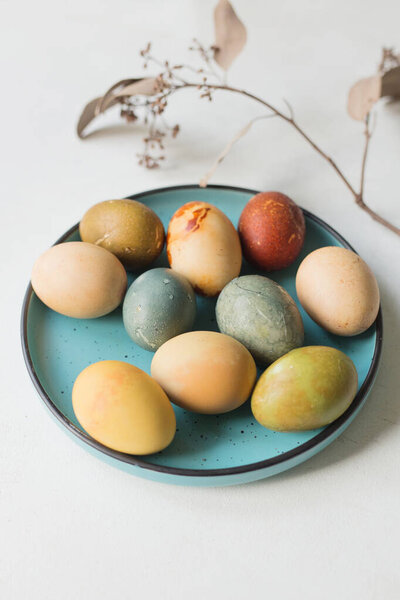 Variety Natural Dyed Easter Eggs Plate Non Toxic Zero Waste Royalty Free Stock Photos