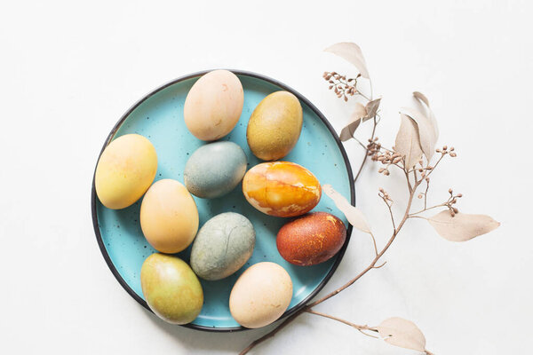 Minimal Flat Lay Natural Dyed Easter Eggs Plate Non Toxic Stock Photo