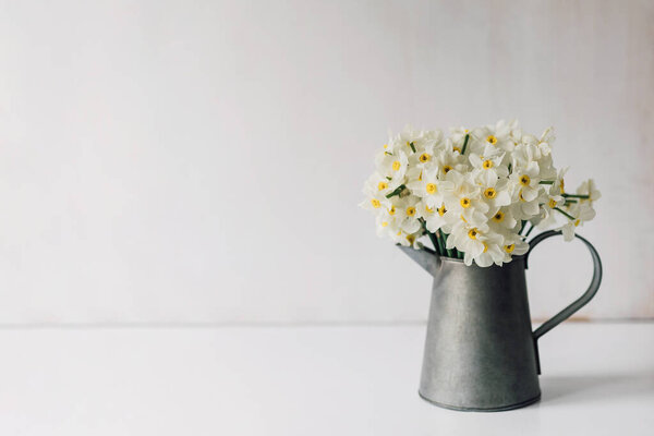 Bouquet White Daffodils Vintage Vase Table Desk Space Text Fresh Stock Image
