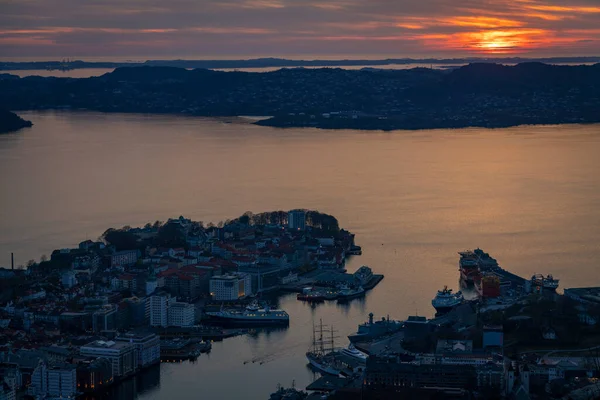 Vista Floyen Para Cidade Bergen Noruega Durante Pôr Sol — Fotografia de Stock