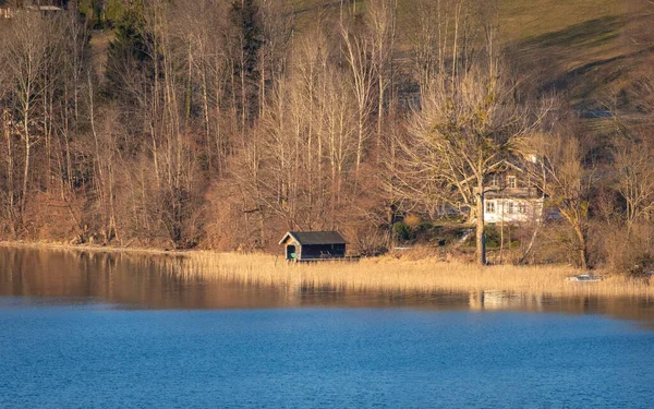 Wooden Boathouse Irrsee River Bank — 스톡 사진