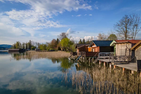 Wooden Boathouses Irrsee River Bank — Stock Photo, Image