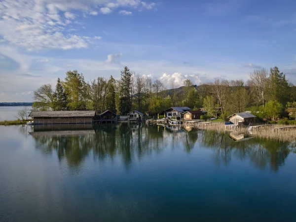 Wooden Boathouses Irrsee River Bank — Stock Photo, Image