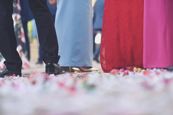 Grupo Personas Salida Boda Con Pétalos Confeti — Foto de Stock