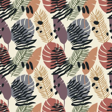  Tropikal yapraklarla kusursuz tekrarlayan desen. vektör illüstrasyonu
